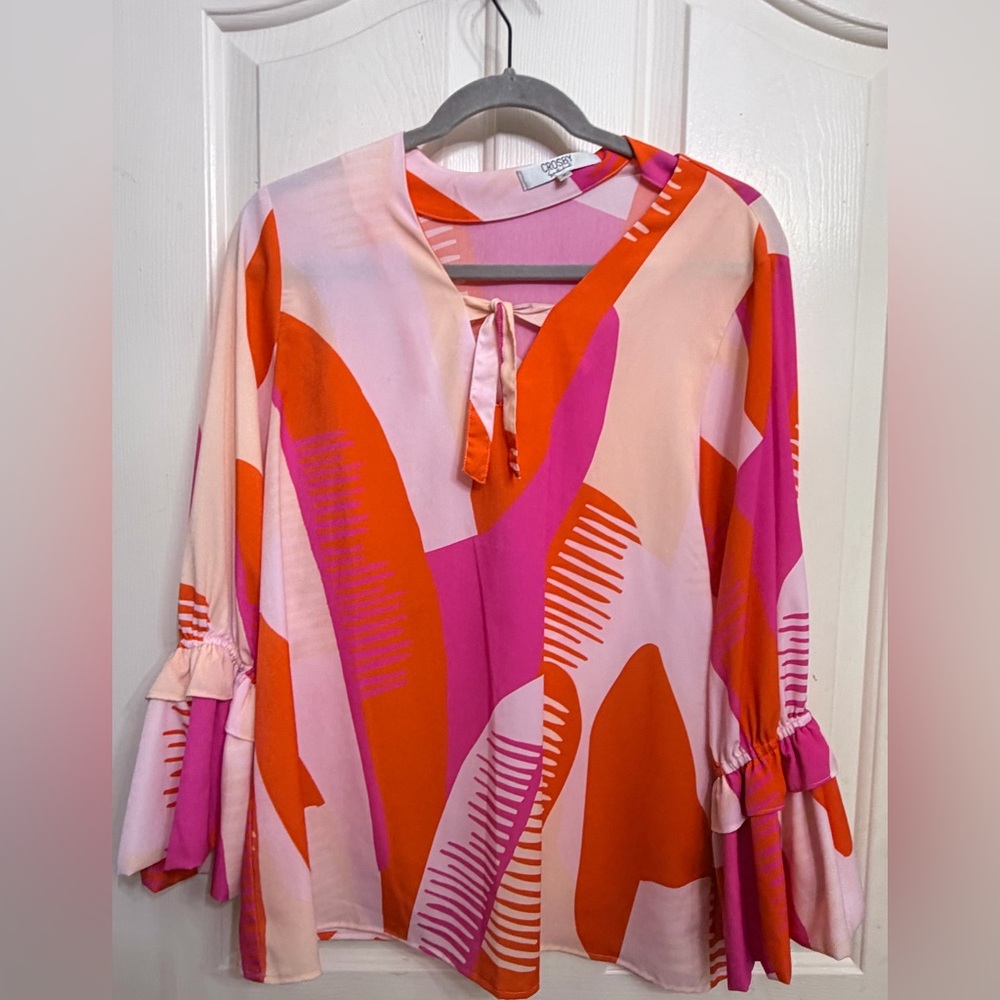 CROSBY by Mollie Burch Pink & Orange Abstract Tie-Neck Tunic